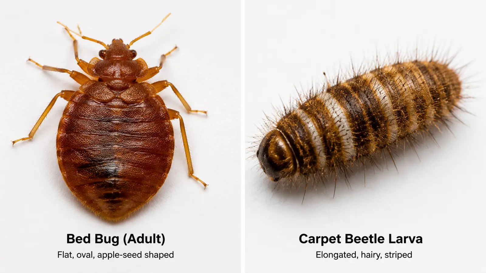 bed bug vs carpet beetle comparison 1 Side-by-side visual comparison of a flat, broad reddish-brown bed bug (left) and an elongated, fuzzy, striped carpet beetle larva (right).