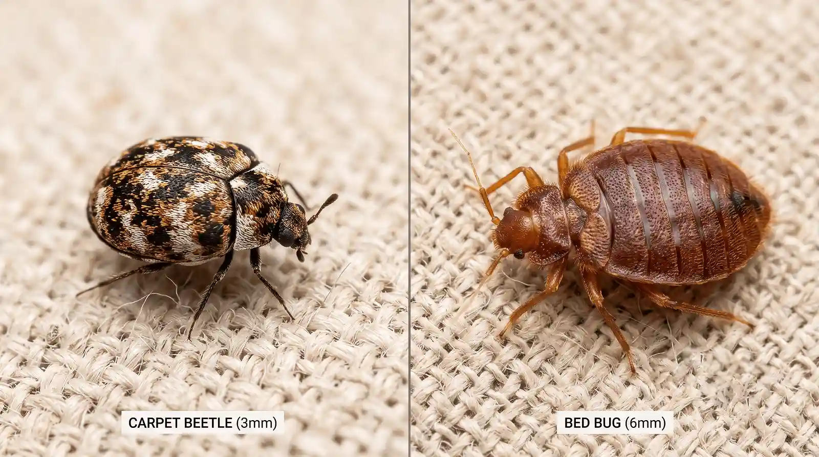 carpet beetle vs bed bug identification Visual identification contrast showing a small round carpet beetle next to a flat oval reddish-brown bed bug on fabric.