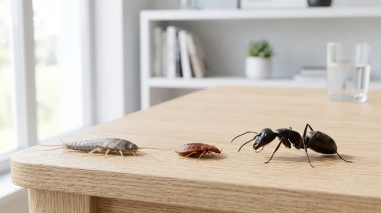 house bugs identification guide hero Common household bugs including silverfish, bed bugs, and ants on a clean surface for identification.