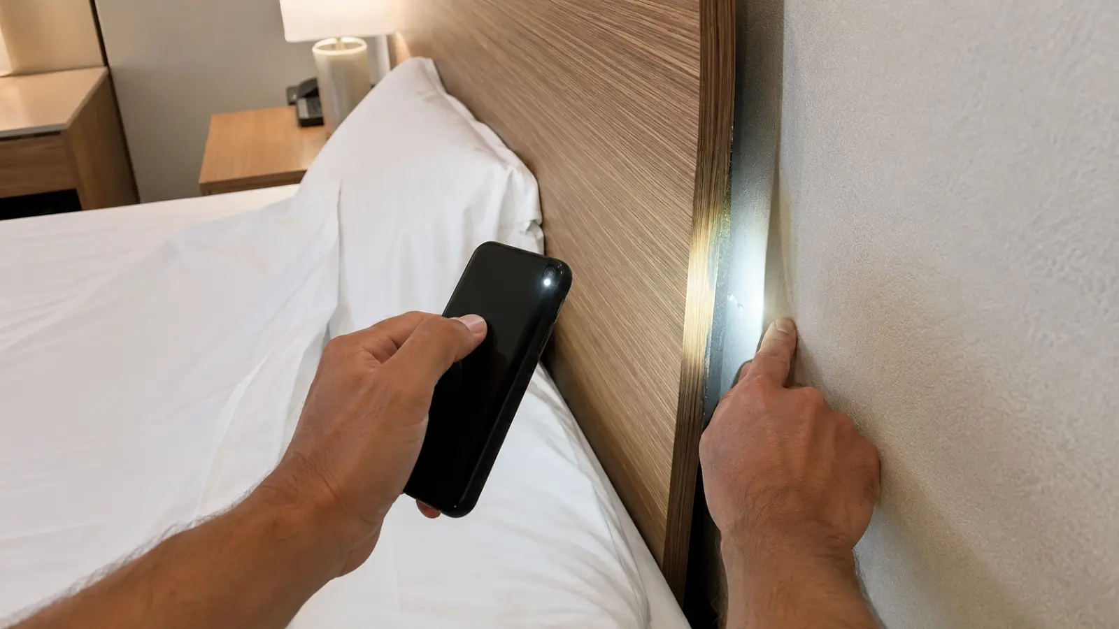 how to check for bed bugs hotel room A traveler using a smartphone flashlight to inspect the seams and backside of a wooden headboard in a hotel room for bed bugs.
