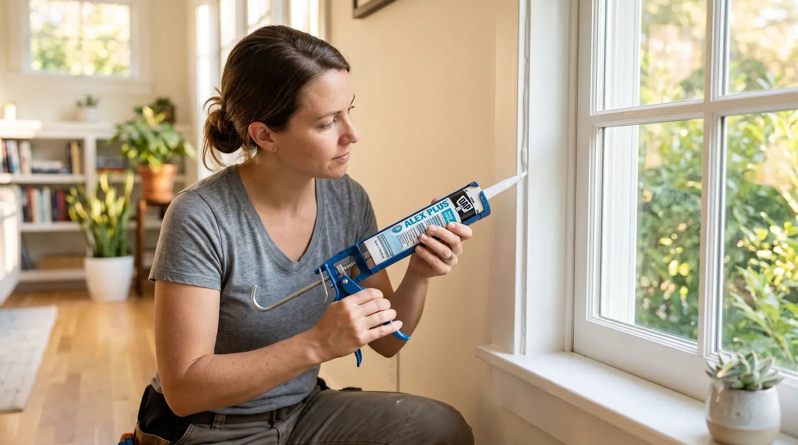prevent house bugs sealing entry points Homeowner sealing window frame gaps with caulk to prevent house bugs from entering