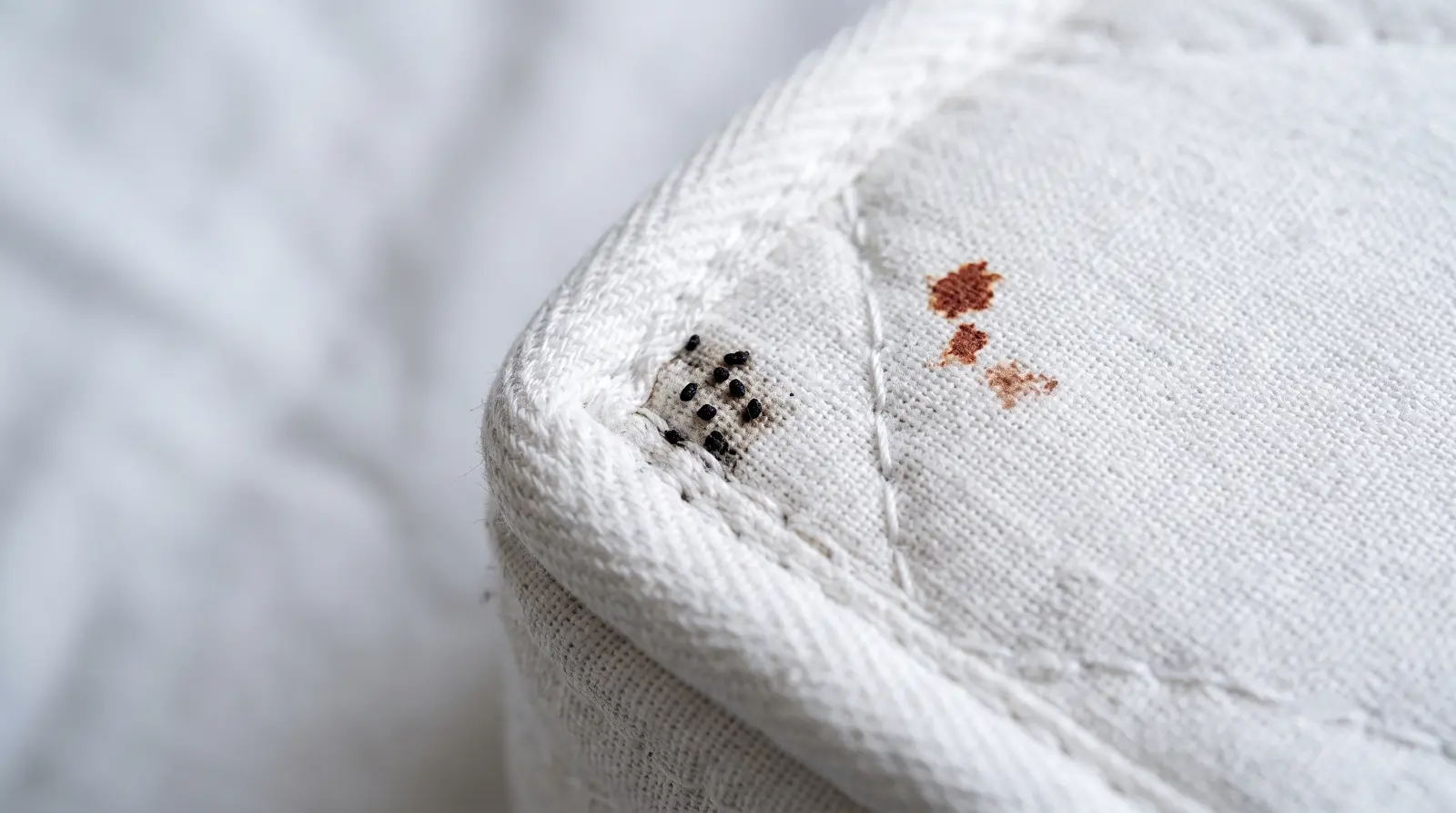 signs of bed bugs on mattress 4 Close-up of early signs of bed bugs showing tiny black fecal spots and light rust-colored blood stains along a white mattress fabric seam.