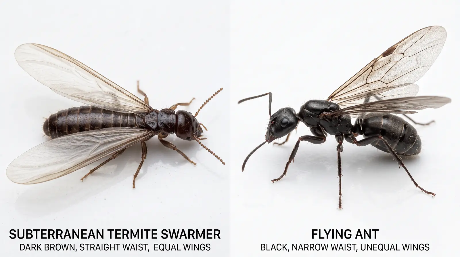 termite swarmer vs flying ant comparison Side-by-side comparison of a straight-waisted termite swarmer and a pinched-waisted flying ant.
