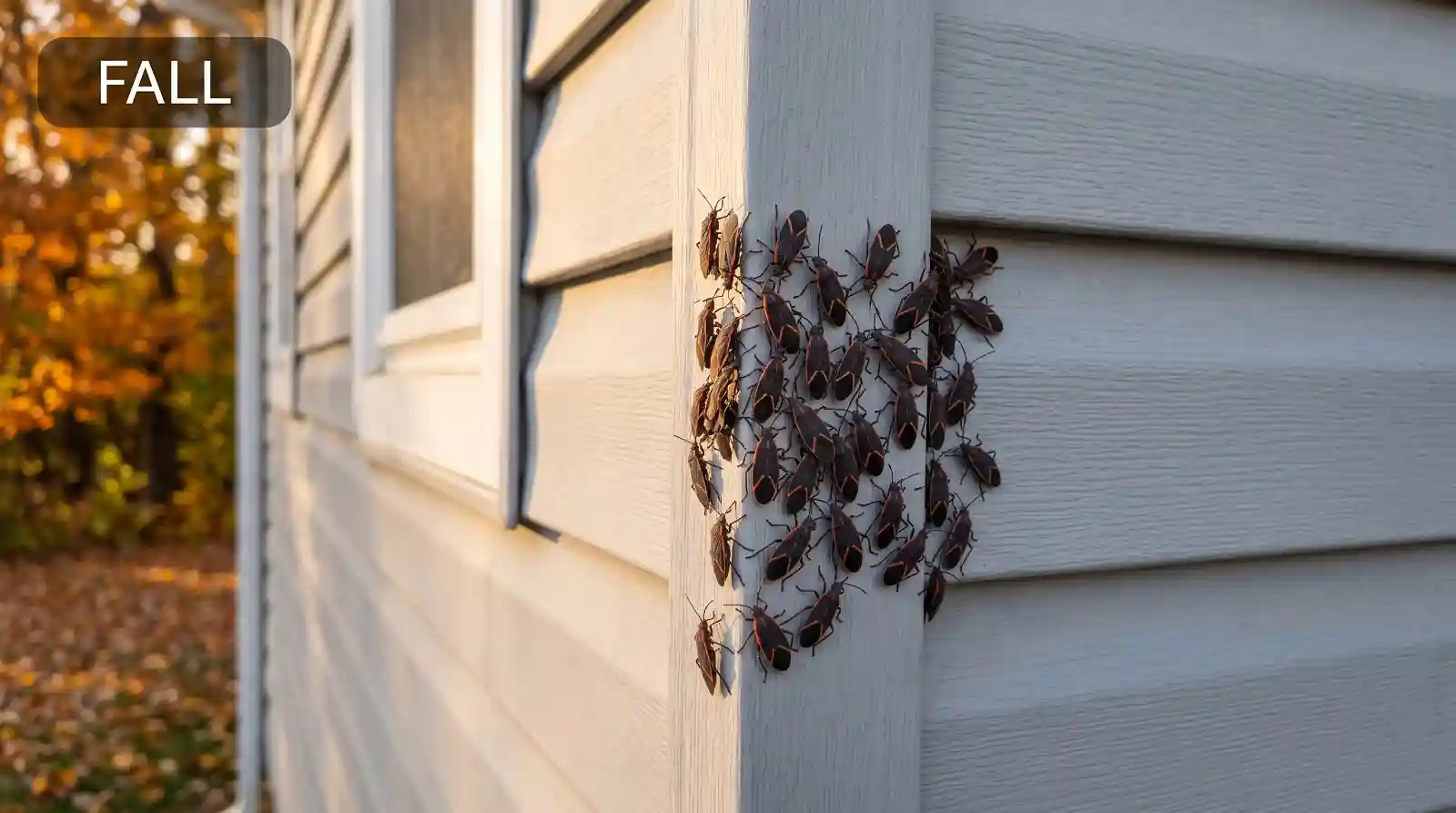 boxelder bugs clustering house siding fall Boxelder bugs clustered on sunlit house siding in autumn looking for winter shelter