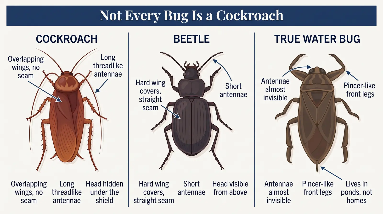 Comparison showing how to tell a cockroach from a beetle and a true water bug by wing covers, antennae and front legs