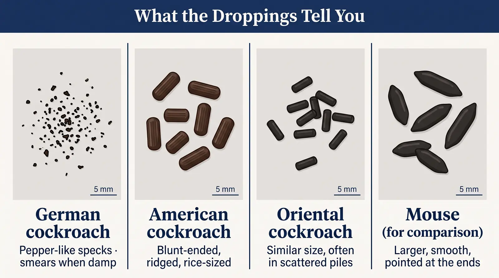 Cockroach droppings comparison showing german cockroach pepper specks, american cockroach ridged pellets and mouse droppings for reference