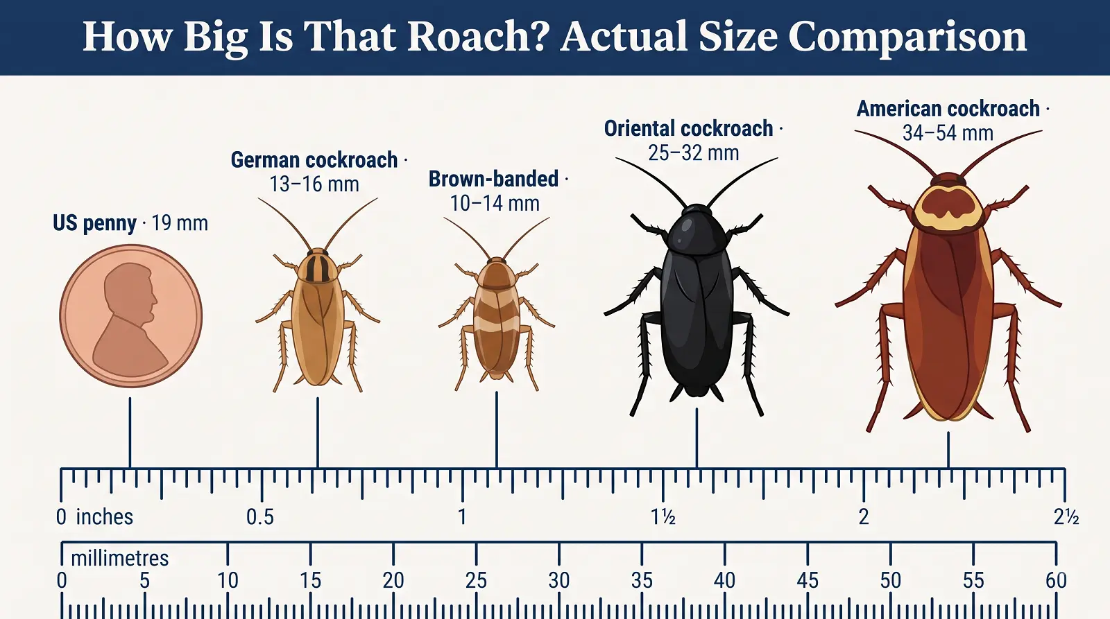 Cockroach size comparison chart showing german cockroach, oriental cockroach and american cockroach against a US penny for scale