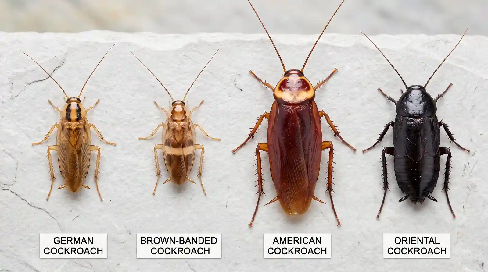 Side-by-side comparison of four common household cockroaches showing German, brown-banded, American, and Oriental species.