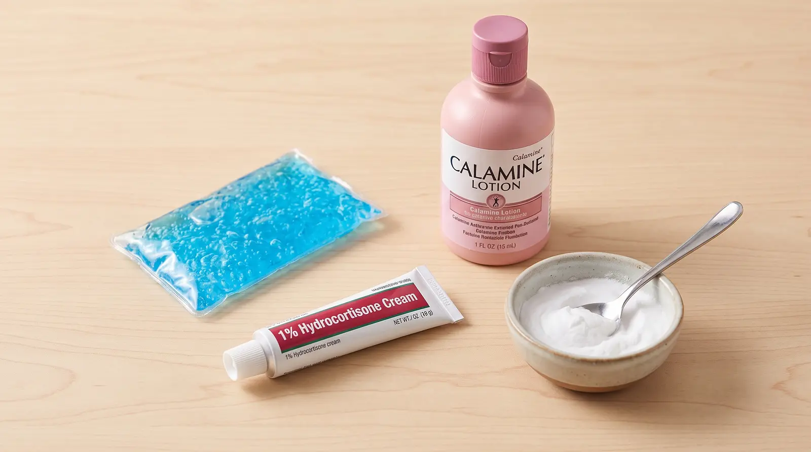 A neat arrangement on a wood surface of effective mosquito bite treatments: a gel ice pack, hydrocortisone cream, calamine lotion, and a small bowl of baking soda paste with a spoon.