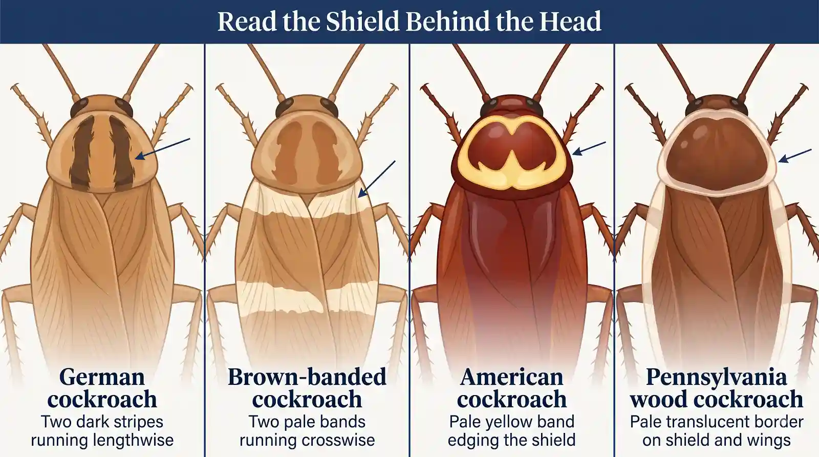 Close-up comparison of german cockroach lengthwise pronotum stripes against brown-banded crosswise bands and american cockroach yellow shield edge