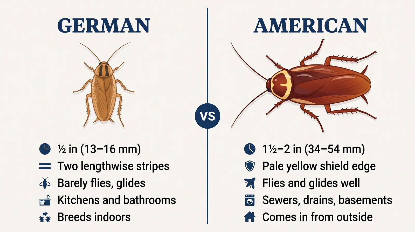 Side by side comparison of german vs american cockroach showing size, color, head markings, flight and habitat differences