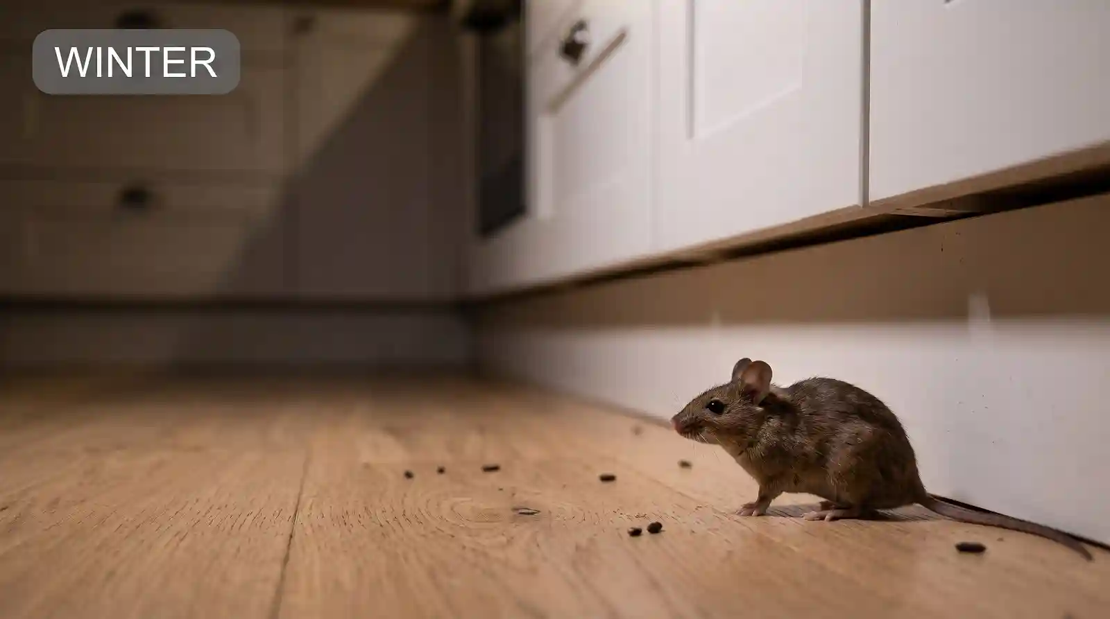 house mouse kitchen floor winter droppings House mouse on a kitchen floor beside cabinets, a common winter indoor pest problem