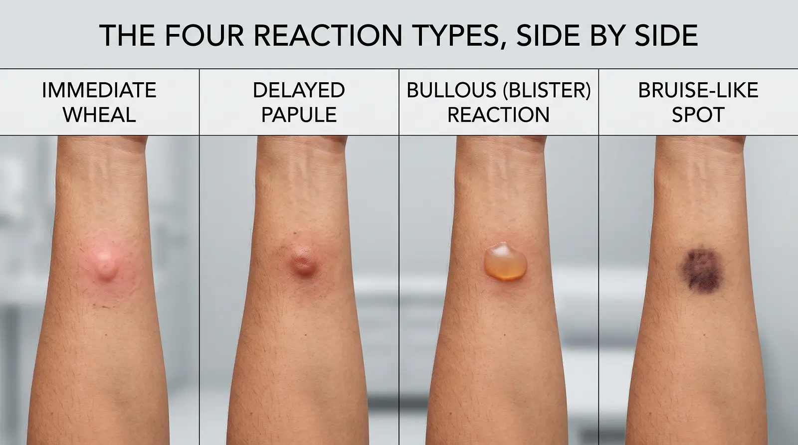 A side-by-side medical comparison of four distinct mosquito bite reactions on the same skin tone: immediate wheal, delayed papule, blister, and bruise.