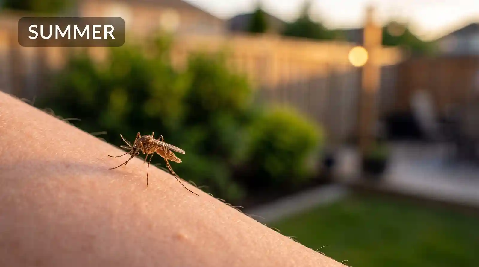 mosquito biting arm summer backyard dusk Mosquito feeding on a person's forearm in a backyard at dusk during peak summer season