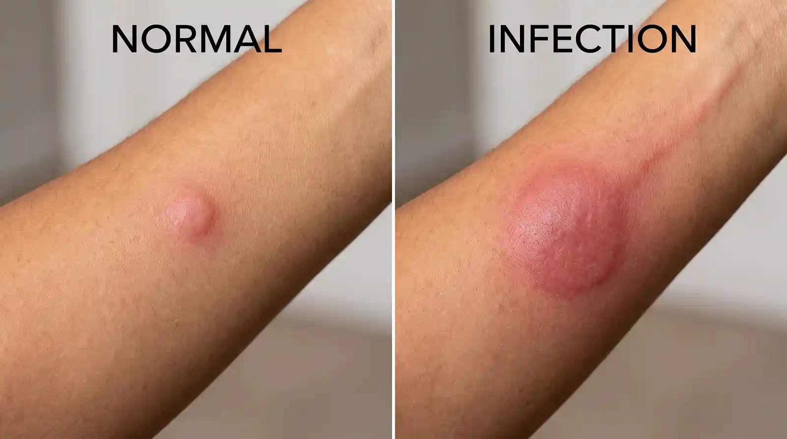 A close-up side-by-side comparison. Left (labeled Normal): A typical large, soft red mosquito bite. Right (labeled Possible Infection/Cellulitis): Intense, distinct redness, swelling, and a spreading border.