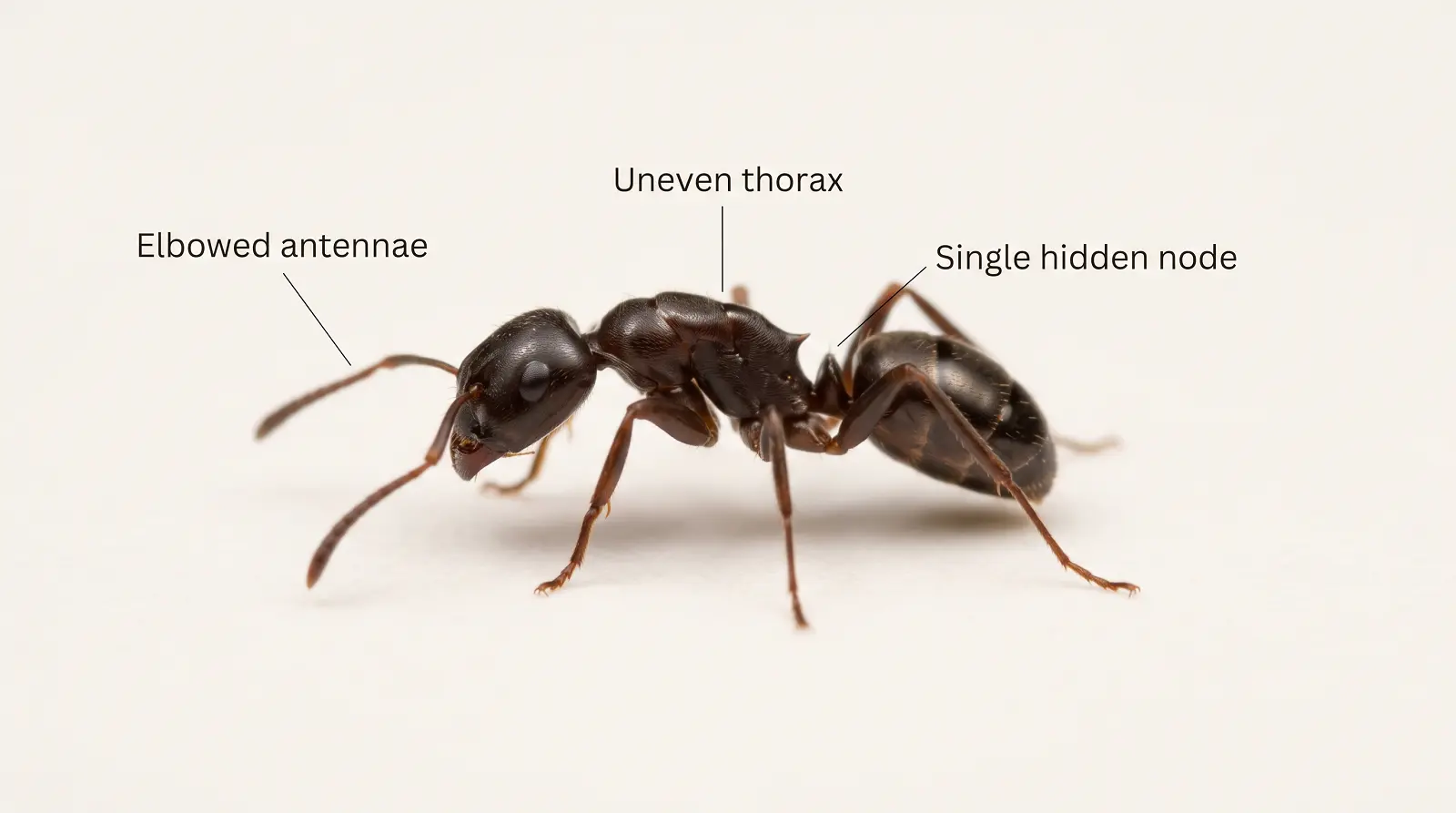 odorous house ant identification close up Close-up of a single odorous house ant showing its dark body, uneven thorax, and elbowed antennae