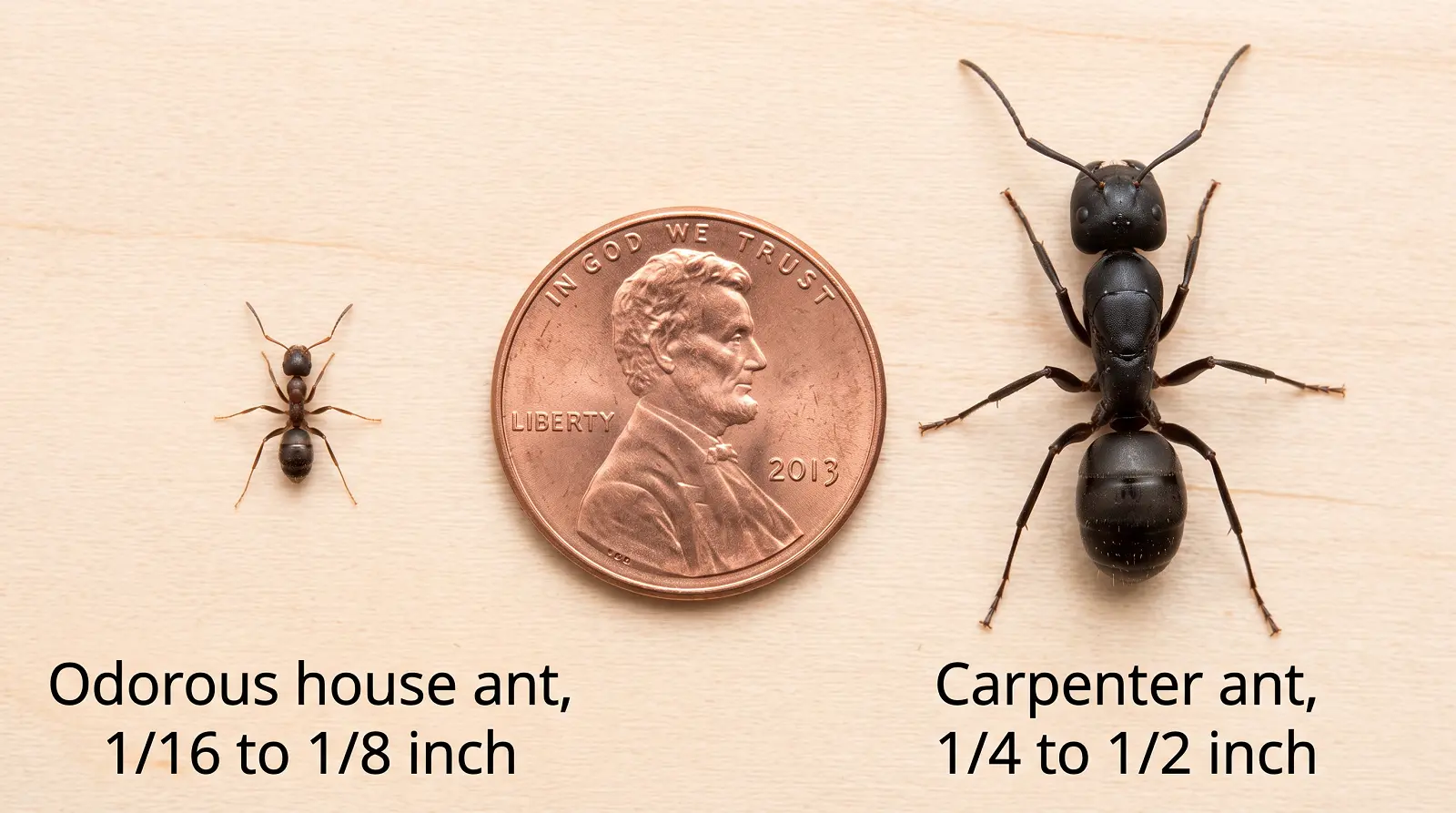 odorous house ant vs carpenter ant size comparison Size comparison of a tiny odorous house ant next to a much larger black carpenter ant beside a US penny