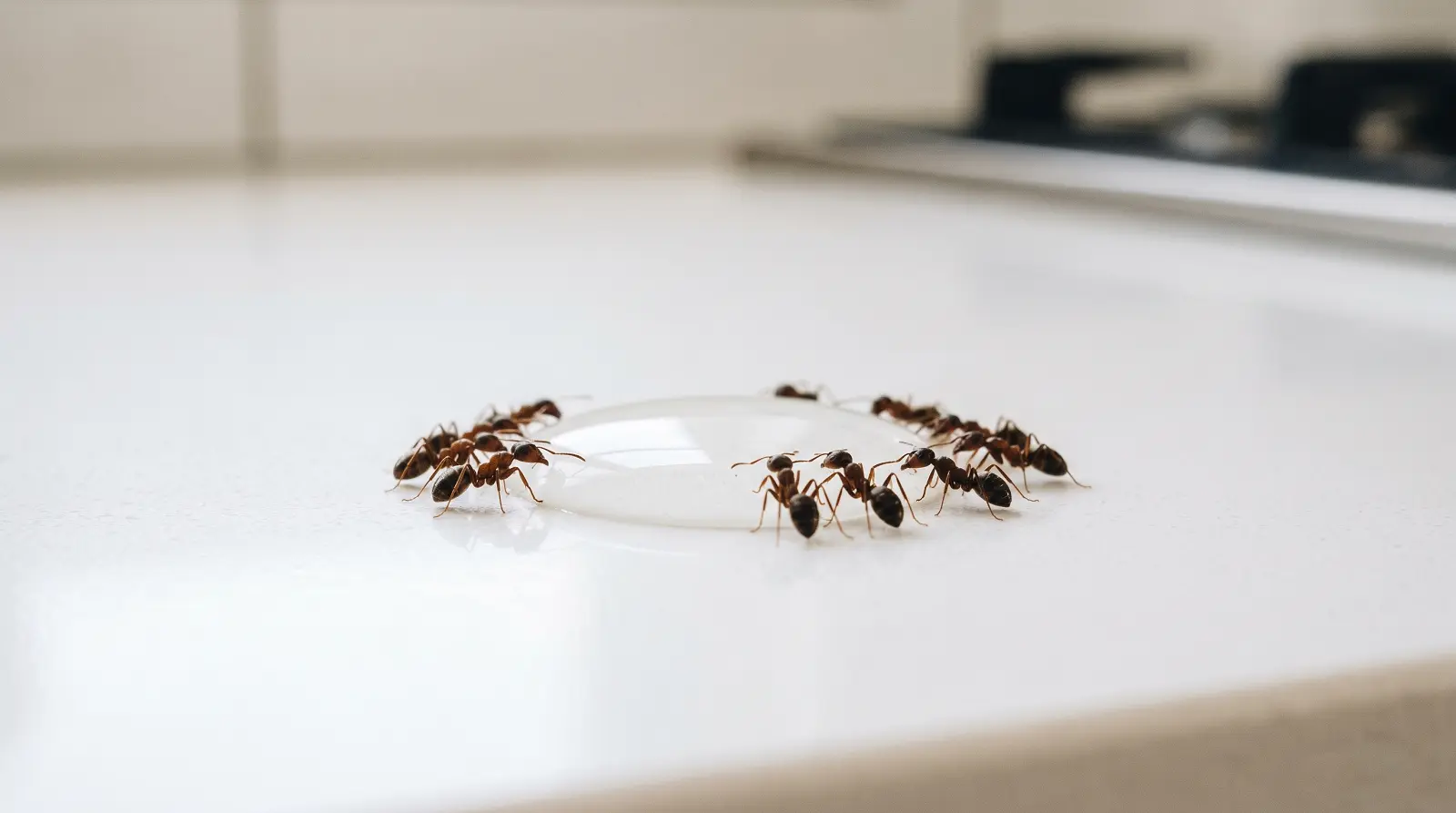 odorous house ants feeding sugar bait Odorous house ants clustered around a drop of clear sweet liquid ant bait on a kitchen surface