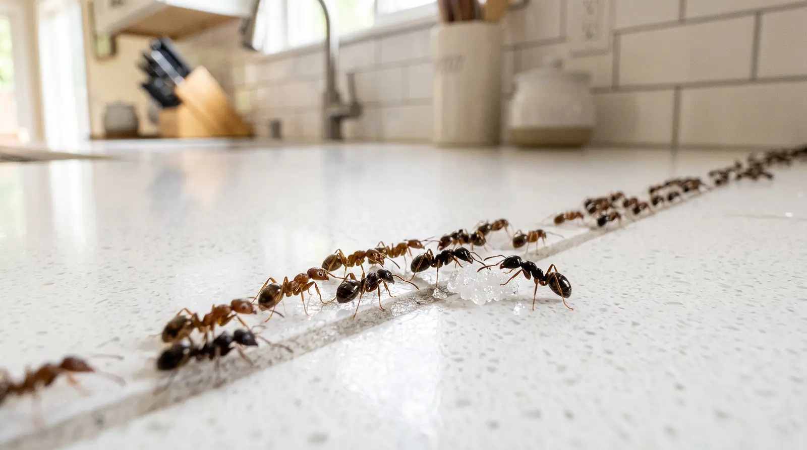 odorous house ants kitchen identification A macro photograph of a trail of tiny odorous house ants on a white kitchen countertop near a sugary spill, showing an indoor infestation.