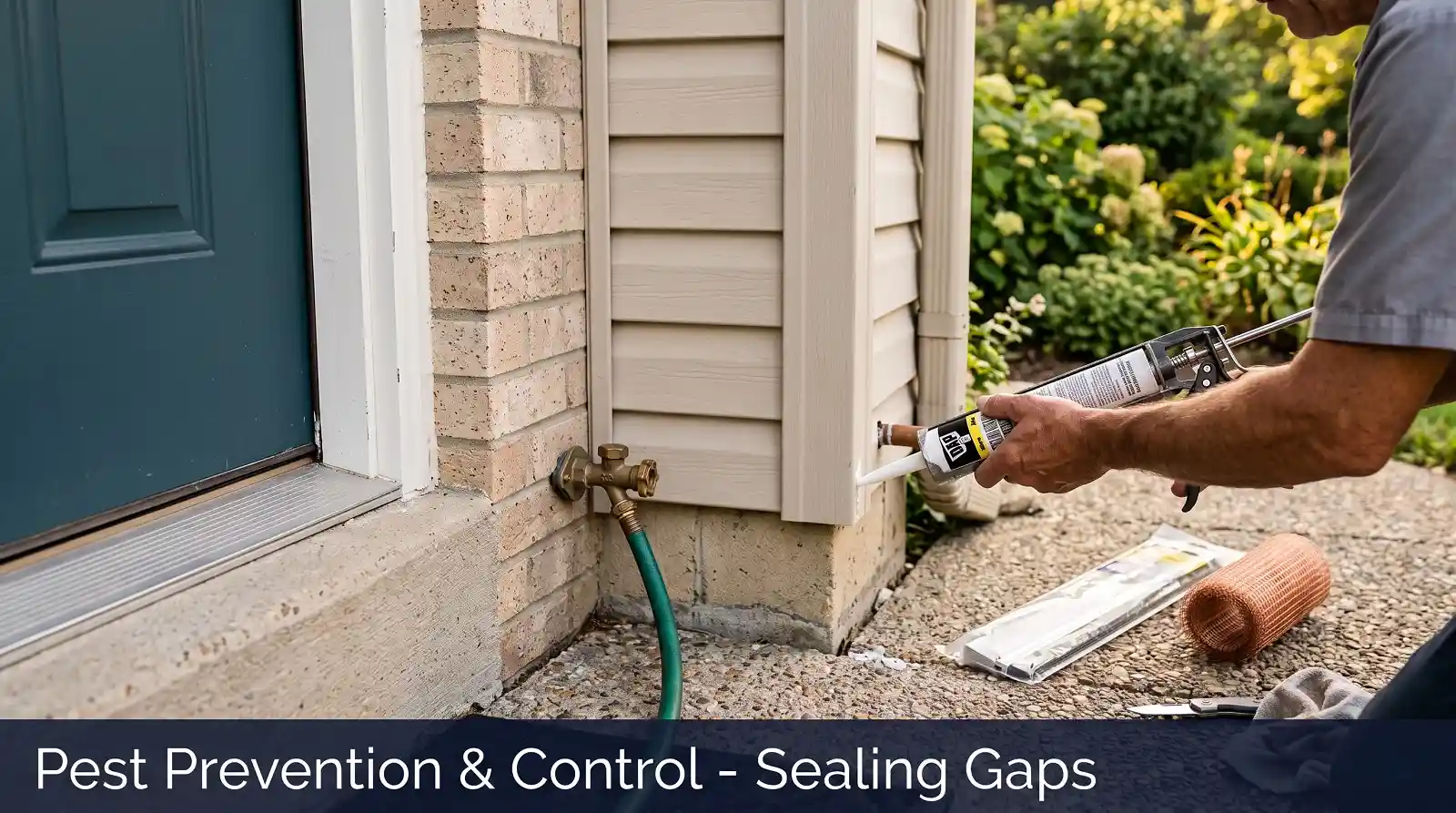pest prevention control home Homeowner sealing a foundation gap during pest prevention and control work