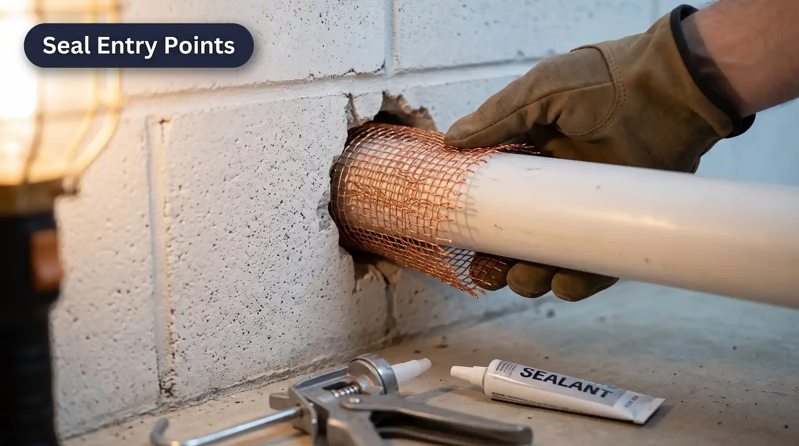 seal entry points pest proofing Copper mesh and caulk used to seal a wall gap and keep pests out