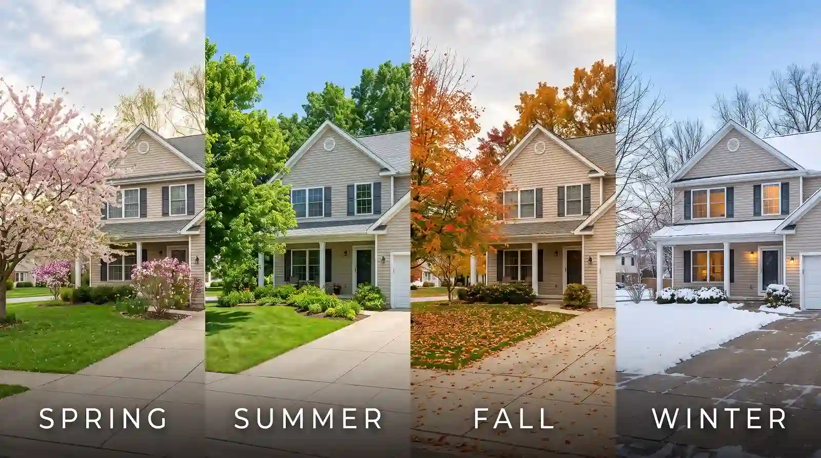 seasonal pest guide four seasons home Seasonal pest guide showing a suburban home across spring, summer, fall, and winter