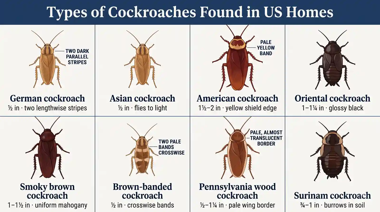Identification chart comparing eight types of cockroaches in homes by size, color and markings
