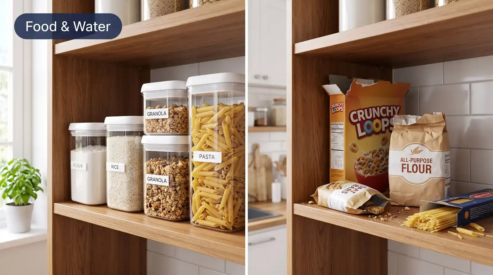 what attracts pests food water Sealed pantry containers beside open cardboard packaging that attracts pests